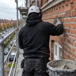 AI-illustration: Omfugning af en rød teglfacade fra stillads