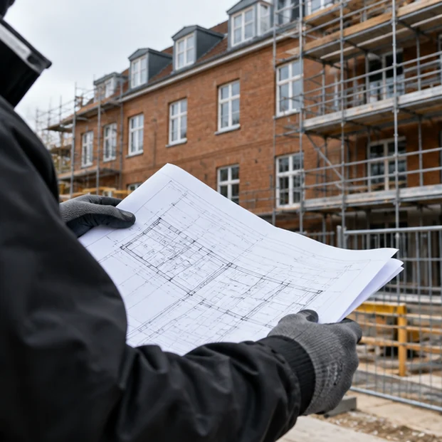 AI-illustration: Gennemgang af tegninger foran et dansk hus under renovering