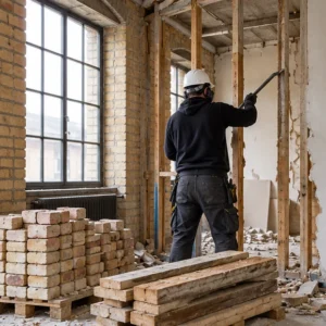 AI-illustration: Kontrolleret demontering af en indervæg i en teglbygning